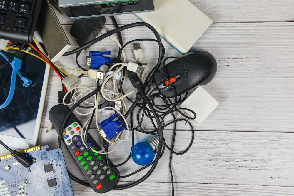 A wooden table covered with a pile of electronics, illustrating e-waste for a junk removal service based in Houston, TX.