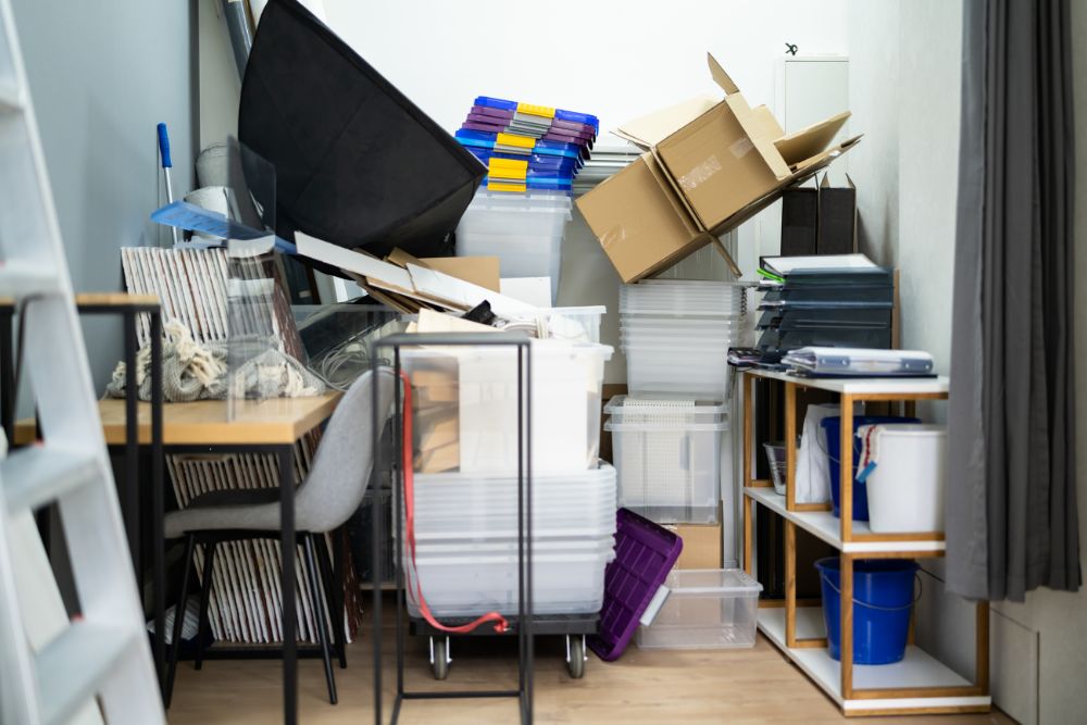 A chaotic room with scattered boxes and items, illustrating the demand for large-scale junk removal services in Houston, TX.